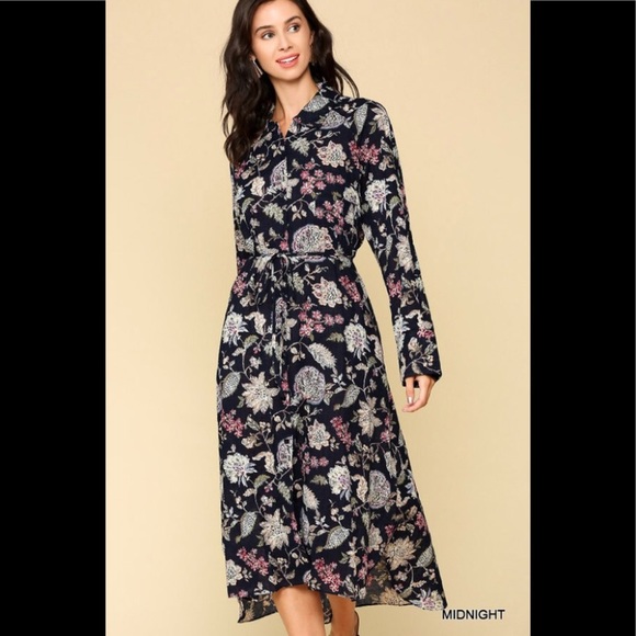 Floral printed collared midi dress with ti… - Picture 9 of 11